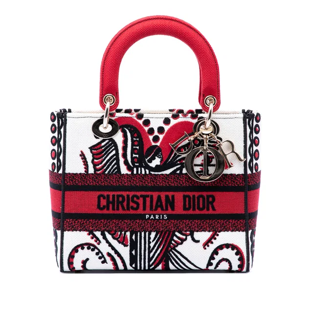 White Dior Medium Embroidered Canvas Cupidon Lady D Lite Satchel in White Canvas from Designer Revival