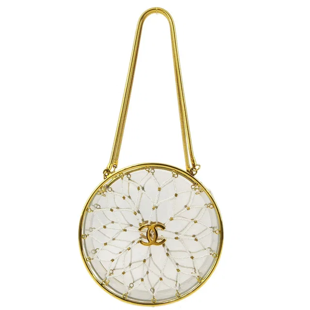 Chanel 1990s Minaudiere Dreamcatcher Beaded Gold Round Circle Bag in Gold Resin from AMORE Vintage Tokyo