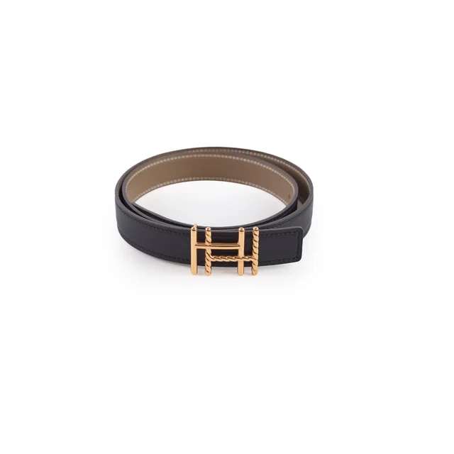 Hermès H Au Carre Twist 24mm Belt Noir/Etoupe Size 75 in Black Epsom leather from The Purse Affair