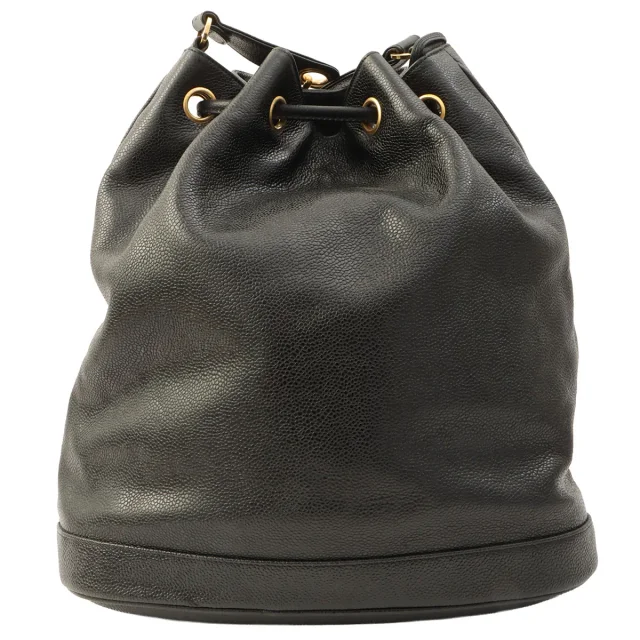 Chanel Circa 1995 Caviar Skin 6CC Turnlock Plate Pouch Drawstring Shoulder Bag Black in Black Caviar leather from VINTAGE QOO TOKYO, photo 2 of 14