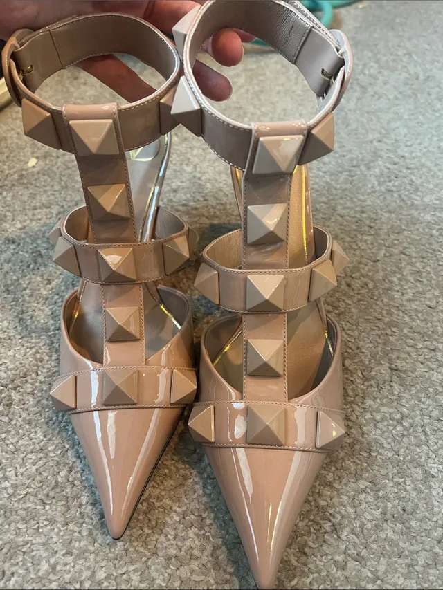 Valentino Garavani Blush Patent Pyramid-Stud Pointed T-Strap Pumps in brown|pink|neutral Patent leather from Poshmark