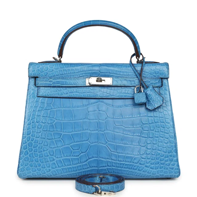 Hermès Kelly Retourne 32 Bleu Mykonos Matte Alligator Palladium Hardware in Blue Crocodile from Madison Avenue Couture