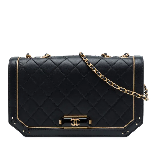 Black Chanel Medium Quilted Calfskin Octagon CC Clasp Flap Crossbody Bag in Black Calfskin from Designer Revival