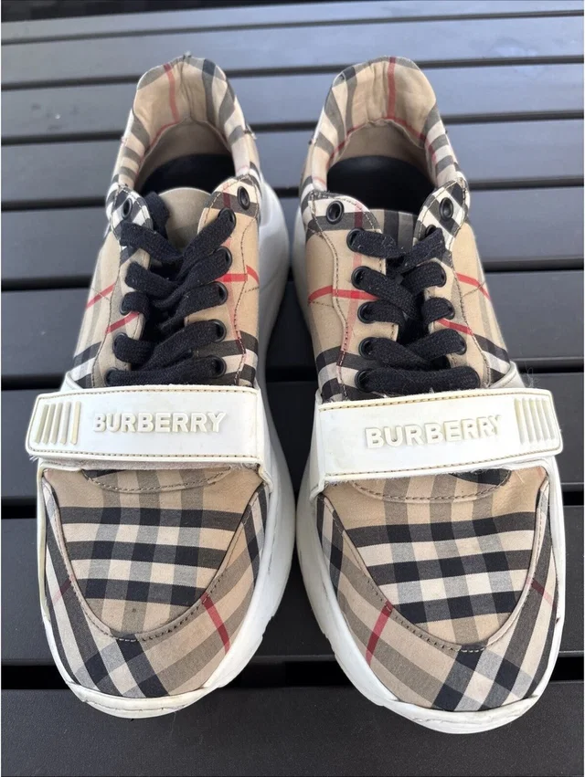 Burberry Men's Check Low Top Athletic Sneakers Lace Up Hook & Loop Beige Size 9 in neutral|brown from Poshmark