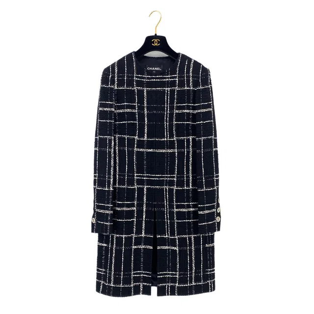 Chanel Coco Button Check Pattern Tweed Long Coat Black White Cotton 38 P75 Rtw in Black Tweed from Luxury Promise