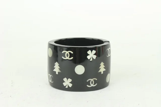 Chanel 05A Black Tree Clover CC Charm Cuff Bangle Bracelet in Black from Bagriculture