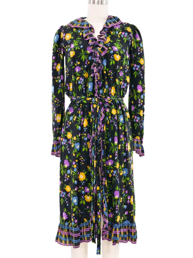 1980 Yves Saint Laurent Floral Ruffle Dress in Silk from Arcade Vintage