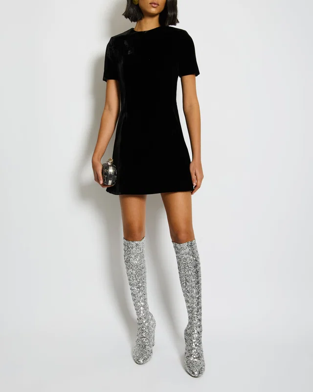 Saint Laurent Black Velvet Short-Sleeve Mini Dress Size FR 34 (UK 6) in Black Velvet from Sellier