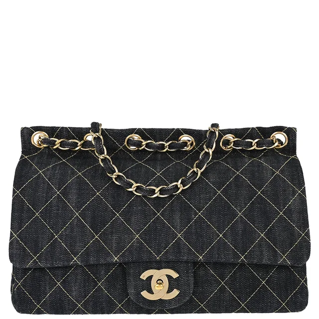 Chanel 2005-2006 Navy Sparkling Denim Chain Through Single Flap Shoulder Bag in Navy Denim from AMORE Vintage Tokyo