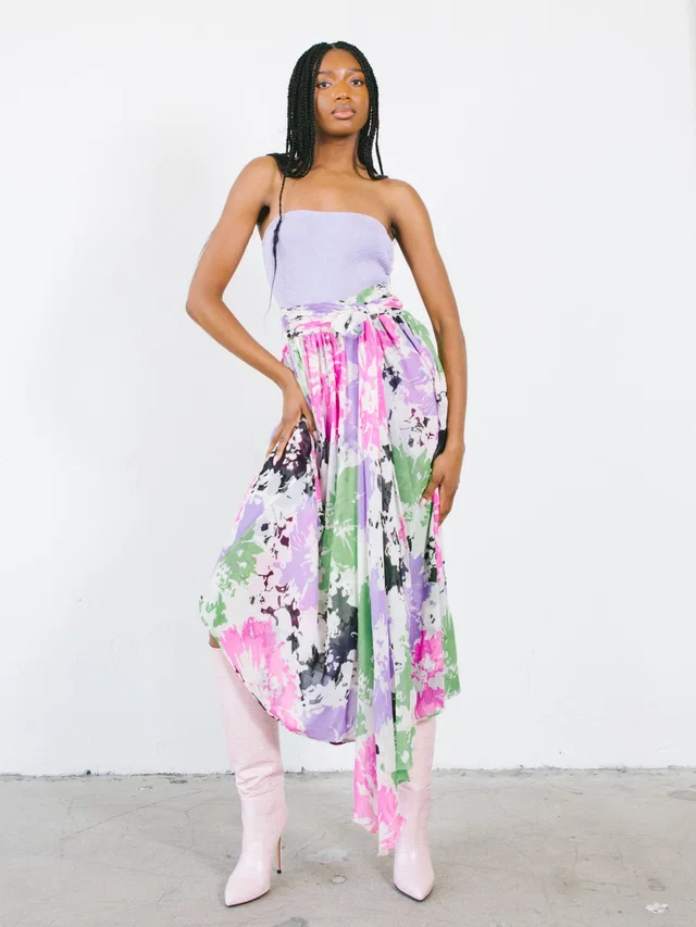 1970s Valentino Watercolor Floral Chiffon Maxi Skirt in Silk from Arcade Vintage
