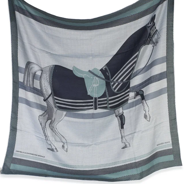 Hermès Mens Ciel Chine Cheval A La Couverture Cashmere Silk Scarf 100 Blue Scarves/wraps in Blue Silk from HEWI