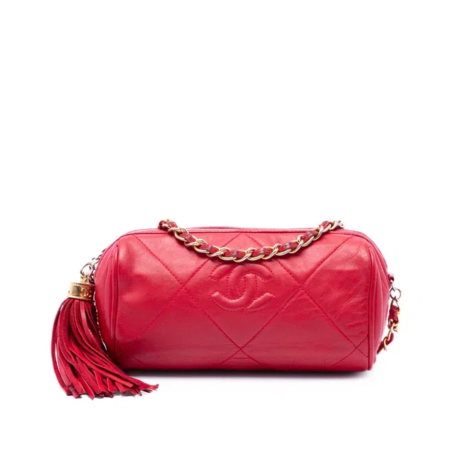 Red Chanel Mini Quilted Lambskin Tassel Barrel Crossbody in Red Lambskin from Designer Revival