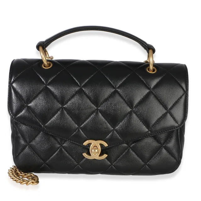 Chanel Black Quilted Lambskin Top Handle Envelope Flap Bag in Black Lambskin from myGemma