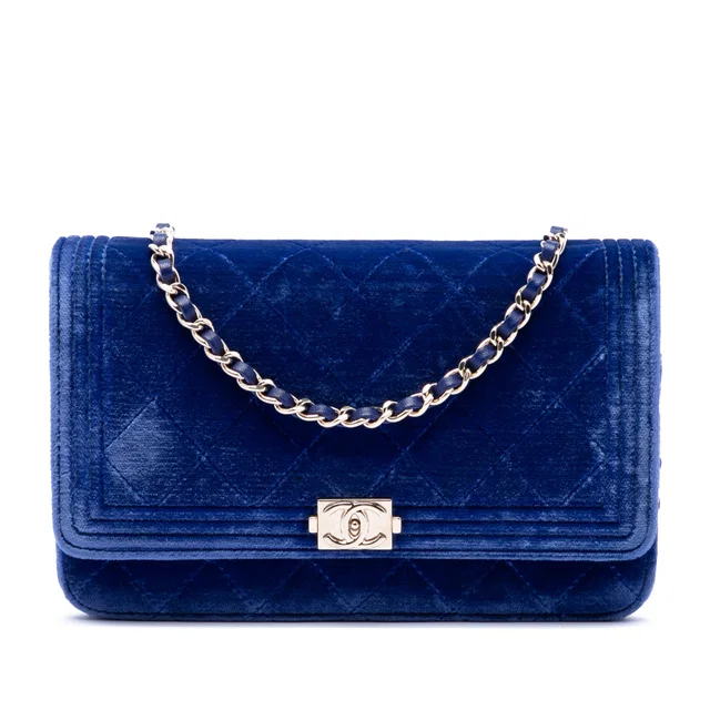 Blue Chanel Quilted Velvet Boy Wallet On Chain Crossbody Bag in Blue Velvet from Designer Revival