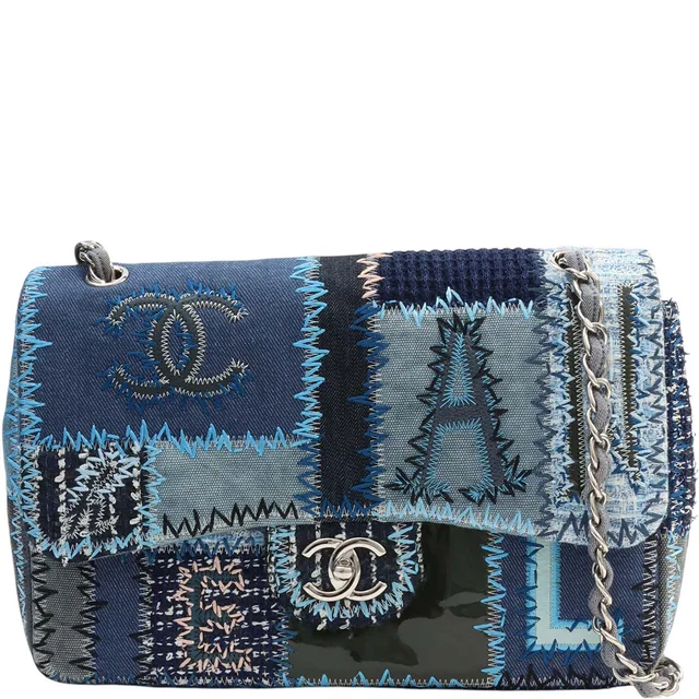 Chanel Circa 2014 Patchwork CC Turnlock Chain Bag 30cm Blue/Multicolor in Blue Patent leather from VINTAGE QOO TOKYO
