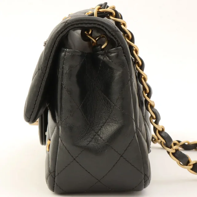 Chanel Around 2018 Made Studded Icon Lucky Charm Classic Flap Chain Bag Black in Black Lambskin from VINTAGE QOO TOKYO, photo 4 of 13