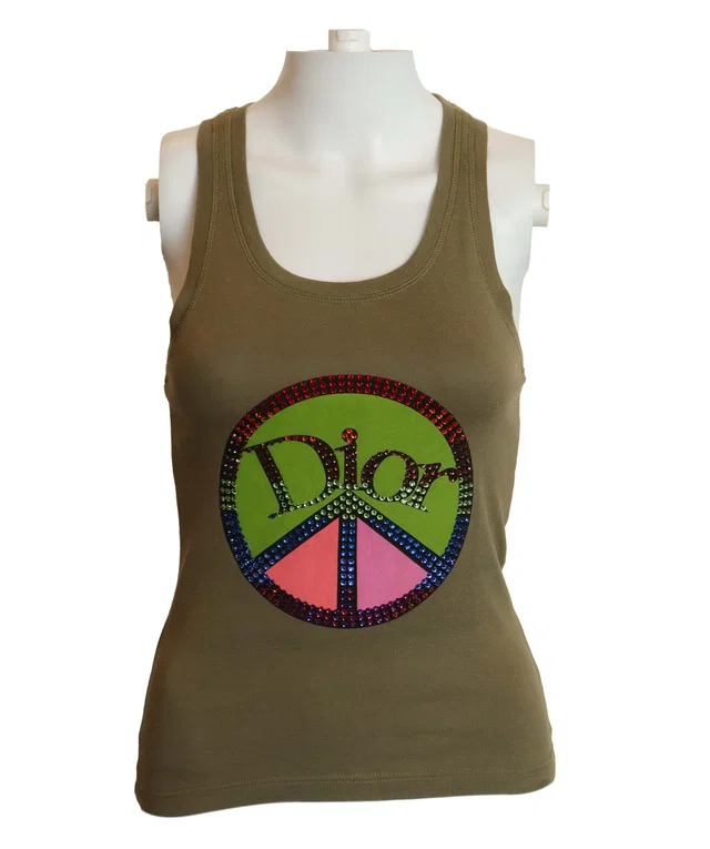Dior Rhinestone Peace Tank Top Khaki in Green from Luxury Promise