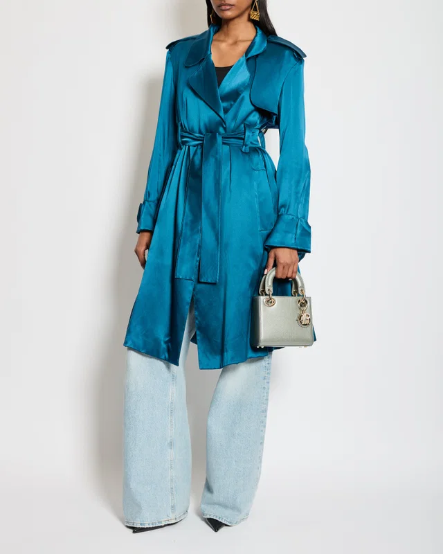 Celine Blue Silk Overcoat with Belt FR 38 (UK 10) in Blue Silk from Sellier