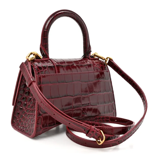 Balenciaga Shiny Calfskin Crocodile Embossed Hourglass Top Handle Bag XS Dark Red in Red Calfskin from FASHIONPHILE, photo 2 of 12
