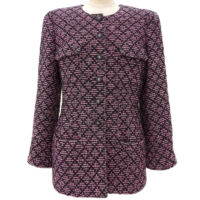 Chanel 1995 Tweed CC Mark Button Jacket #42 Pink/Black in Black Tweed from VINTAGE QOO TOKYO