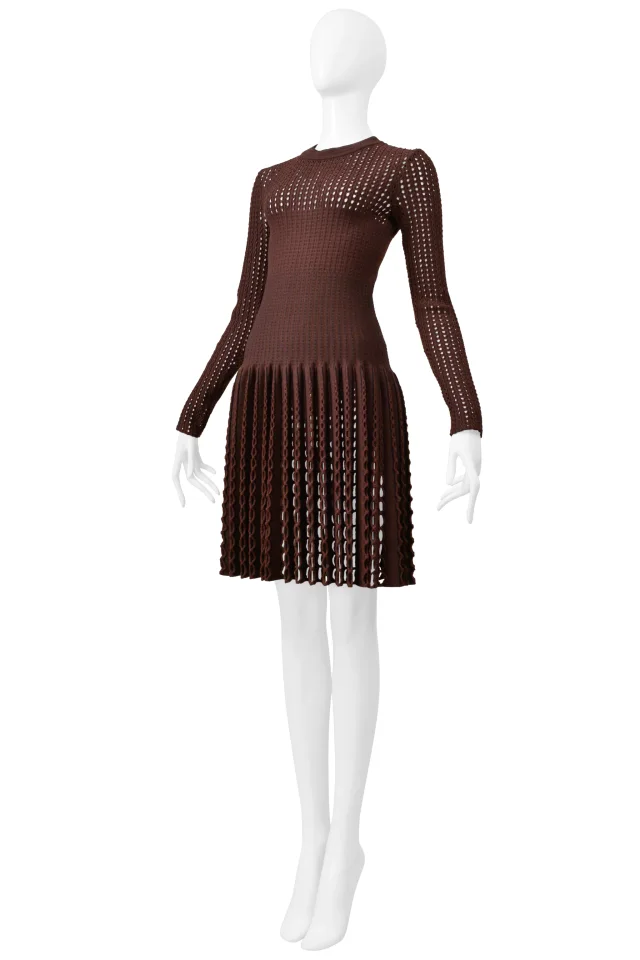 Alaïa Brown Laser Cut Fancy Knit Dress in Brown Wool from Resurrection Vintage, photo 9 of 12