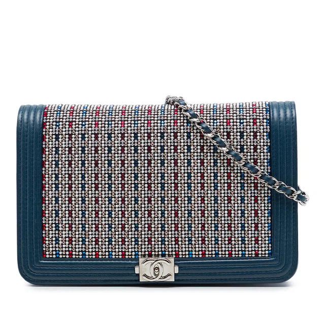 Blue Chanel Crystal Embellished Lambskin Boy Wallet On Chain Crossbody Bag in Blue Lambskin from Designer Revival