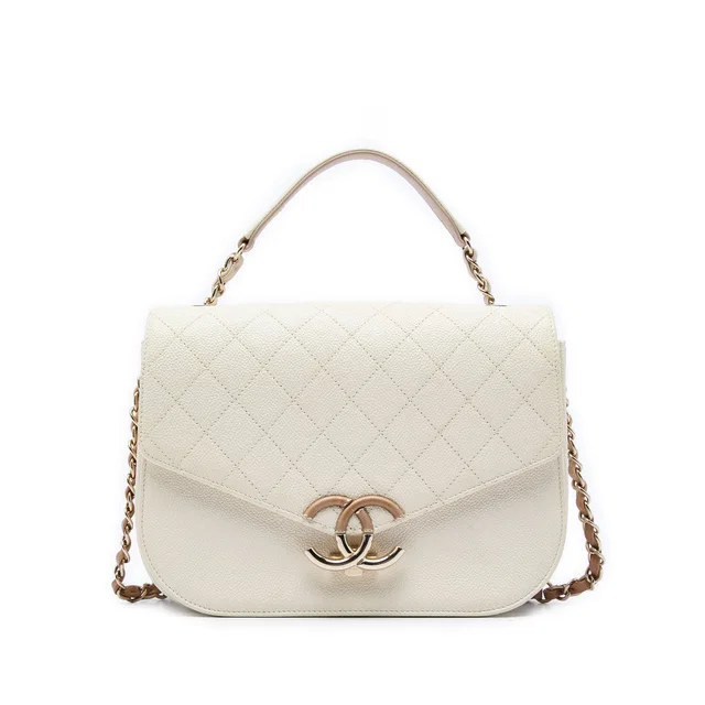 White Chanel Paris Cuba Medium Quilted Caviar Thread Around Flap Satchel in White Caviar leather from Designer Revival