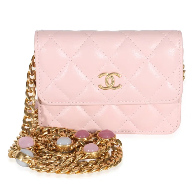 Chanel Light Pink Quilted Lambskin Jeweled Mini Wallet On Chain in Pink Lambskin from myGemma