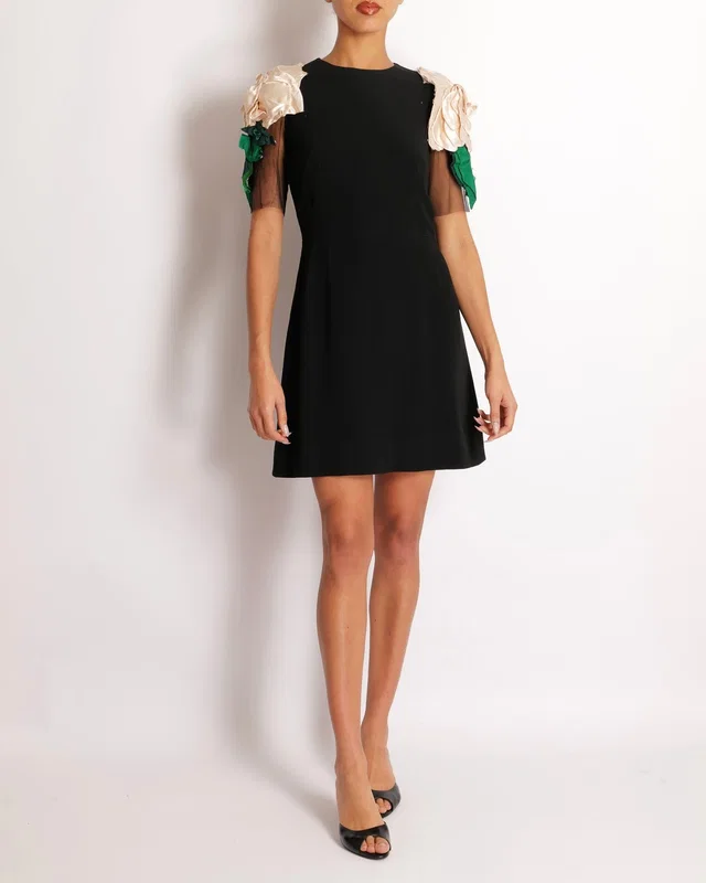 Dolce & Gabbana Black Mini Dress with Mesh Short Sleeves and Floral Shoulder Details Size IT 42 (UK 10) in Black from Sellier