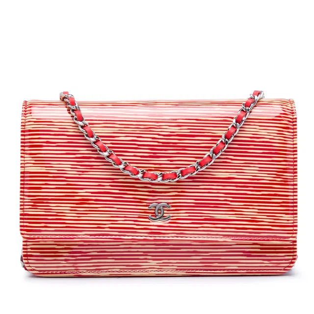 Red Chanel CC Striped Patent Wallet On Chain Crossbody Bag in Red Patent leather from Designer Revival