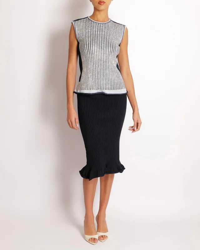 RUNWAY* Louis Vuitton Fall 2015 Navy and White Knit Crystal Embellished Top and Skirt Set Size… in White Wool from Sellier
