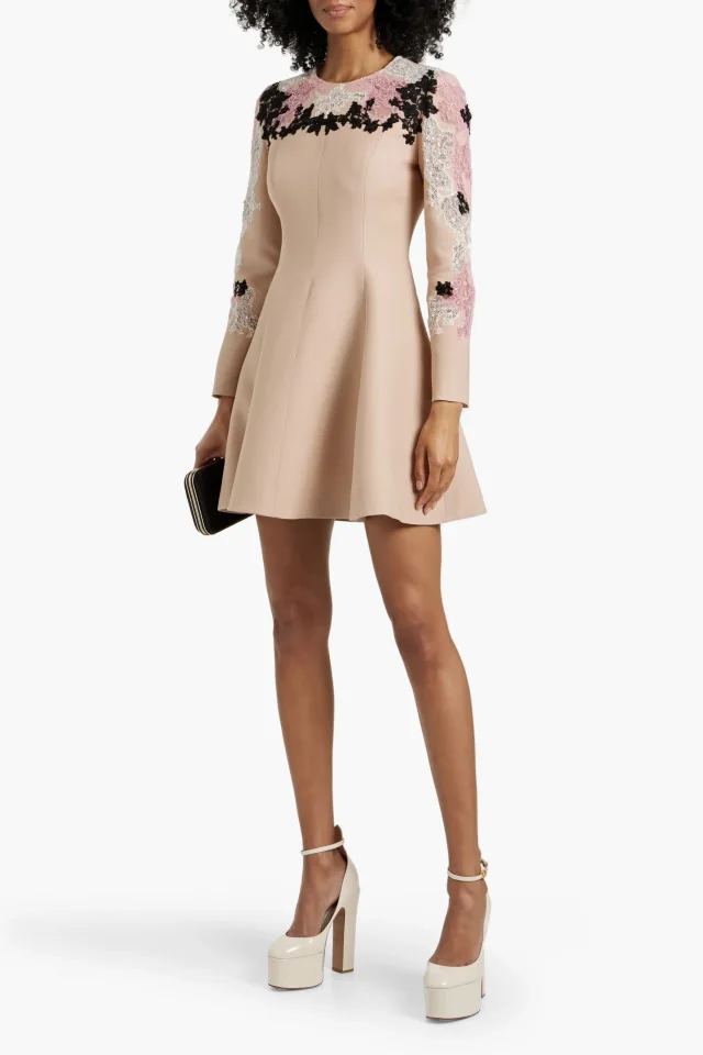 Valentino Garavani Embellished Corded Lace-Paneled Wool-Blend Crepe Mini Dress, photo 2 of 4 from THE OUTNET