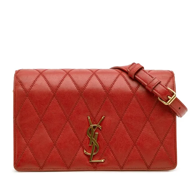 Red Saint Laurent Diamond Quilted Lambskin Angie Chain Bag in Red Lambskin from Designer Revival