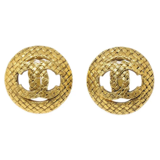 Chanel Button Earrings Gold Clip-On 29/2889 in Gold from AMORE Vintage Tokyo