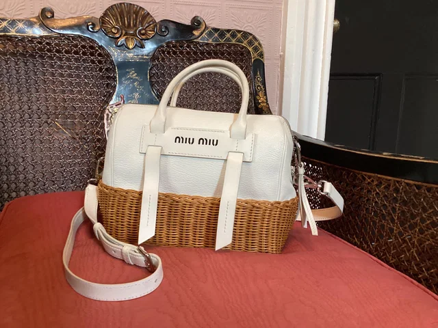 Miu Miu White Midollino Leather and Raffia Top Handle Bag in White Raffia from HEWI