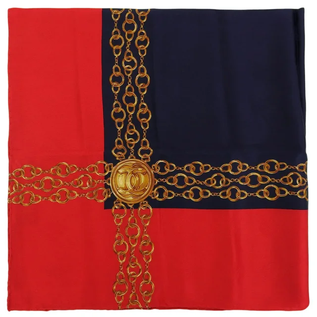 Chanel CC Mark Chain Pattern Scarf Red/Navy in Red Silk from VINTAGE QOO TOKYO, photo 2 of 10