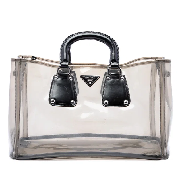 Black Prada Spazzolato Trimmed PVC Tote in Black Leather from Designer Revival
