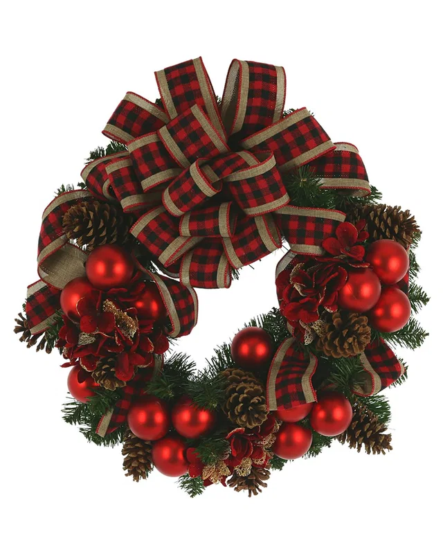 Creative Displays 24in Christmas Wreath with Farmhouse Bow, Hydrangeas & Pinecones, image 1 of 1 from Rue La La