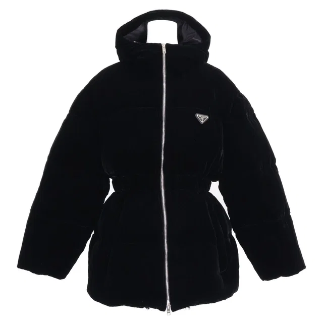 Prada Triangle Logo Velvet Hoodie Down Jacket 42 in Velvet from The Reluxe