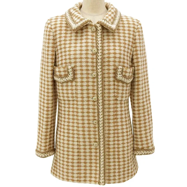 Chanel 2000 Wool Houndstooth Pattern CC Mark Button Jacket #38 Beige/Ivory in White Wool from VINTAGE QOO TOKYO