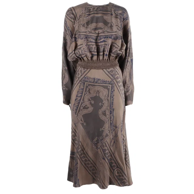 Hermès Printed Brown Silk Midi Dress in Brown Silk from HEWI