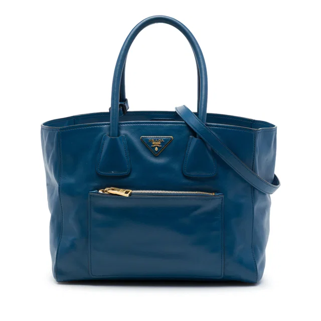 Blue Prada Soft Calf Front Pocket Shopping Tote Satchel in Blue Leather from Designer Revival