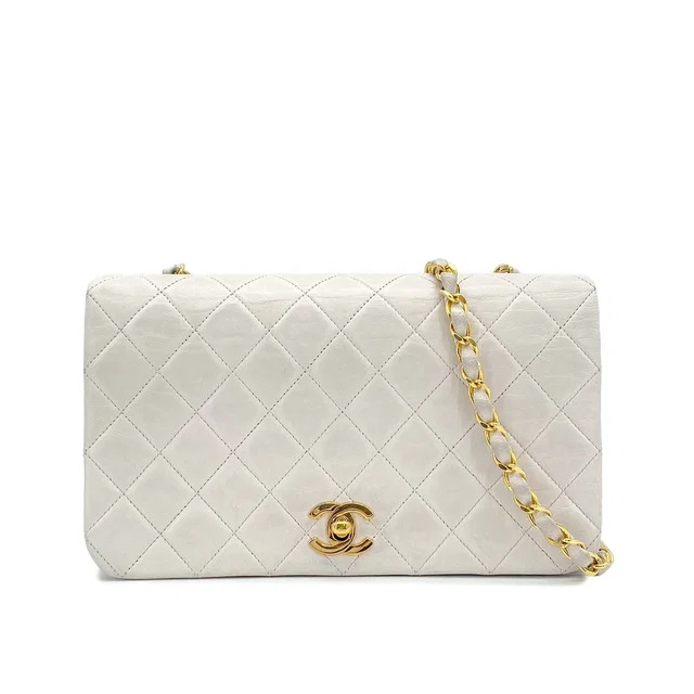 Chanel Vintage Full Flap Chain Shuolder Bag White Lamb Skin Gold Hardware in White from Luxury Promise