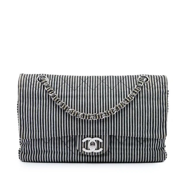 Black Chanel Medium Classic Canvas Stripes Double Flap Shoulder Bag in Black Canvas from Designer Revival