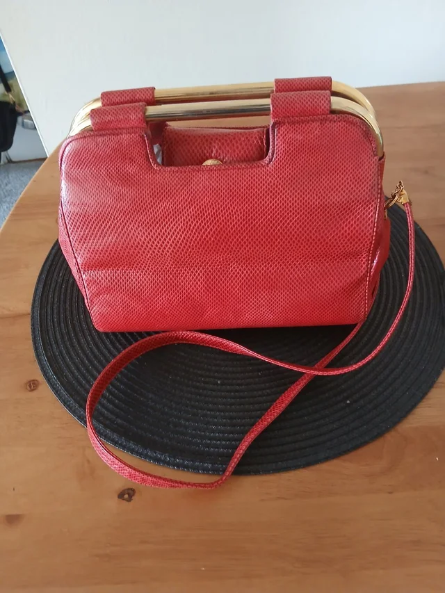 Judith Leiber Vintage Lizard Skin Convertible Clutch Shoulder Bag, Gold Hardware in red Lizard from Poshmark