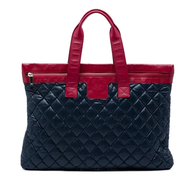 Blue Chanel Large Bicolor Quilted Nylon and Lambskin Coco Cocoon Flat Tote in Blue Lambskin from Designer Revival