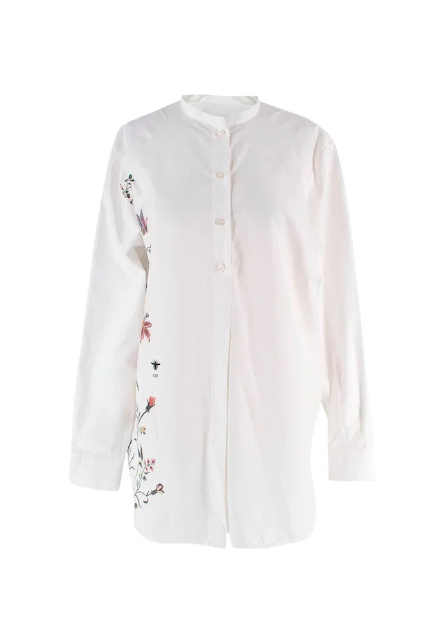 Dior White Floral Embroidered Collarless Shirt in White Silk from HEWI