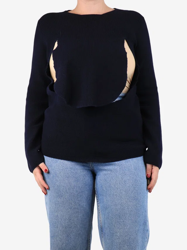 Comme des Garçons Navy blue ribbed flap jumper - size M in Navy Wool from Sign of the Times