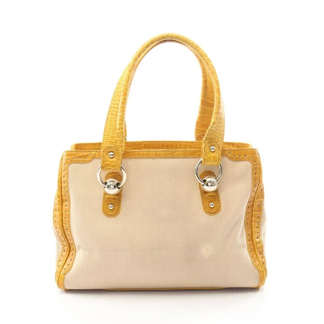 Celine Tote Bag Croco Embossed Natural Yellow Canvas Leather in Beige Canvas from The Reluxe