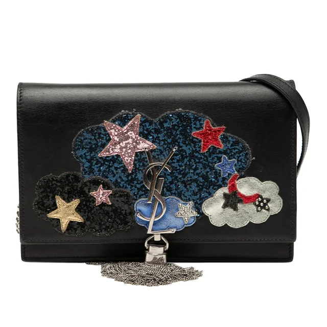 Black Saint Laurent Calfskin Cloud Star Applique Classic Monogram Kate Tassel Wallet on Chain… in Black Calfskin from Designer Revival